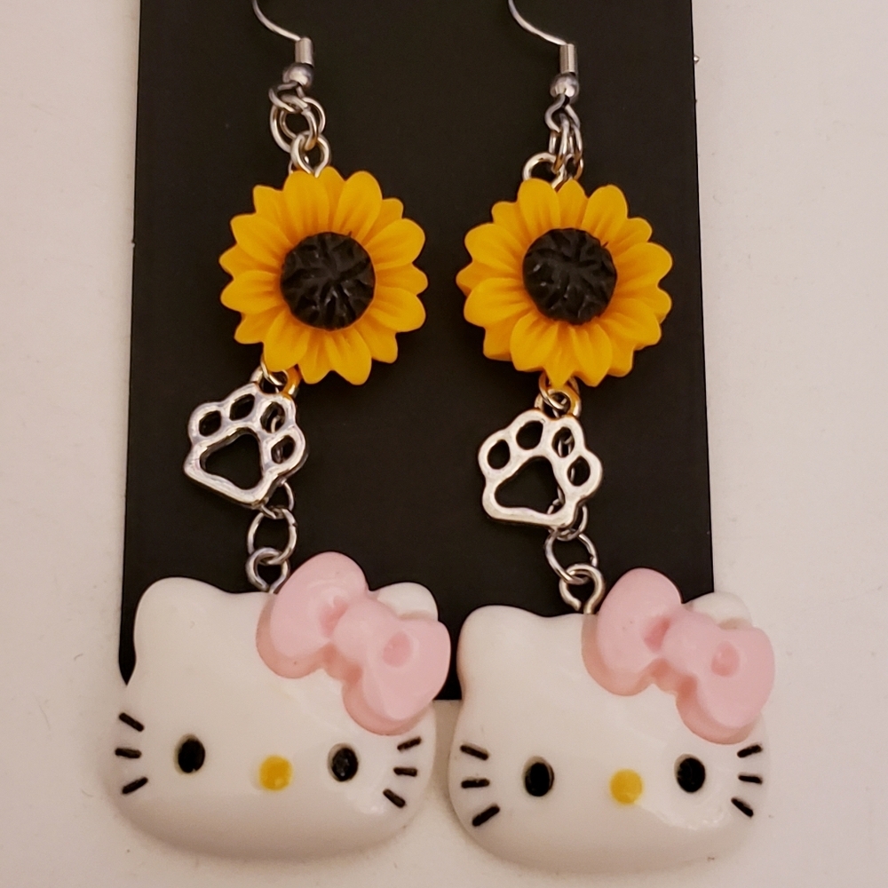 Handmade Sunflower Pink and White Hello Kitty Chain Earrings